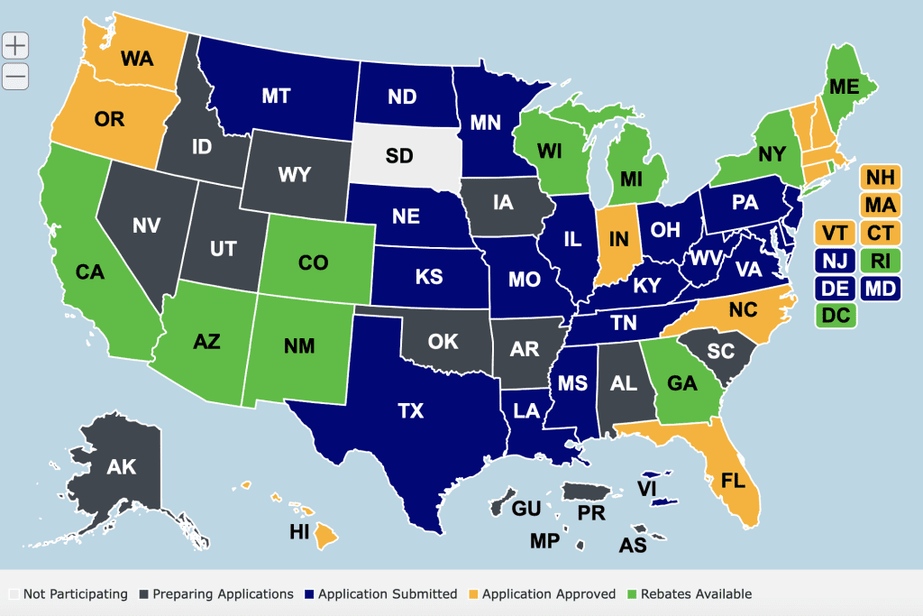 Interactive map shows status of state's Home Energy Rebates funding.